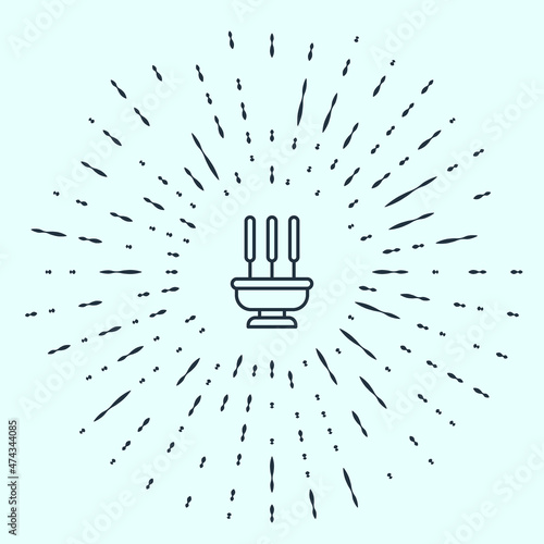 Black line Burning aromatic incense sticks icon isolated on grey background. Abstract circle random dots. Vector