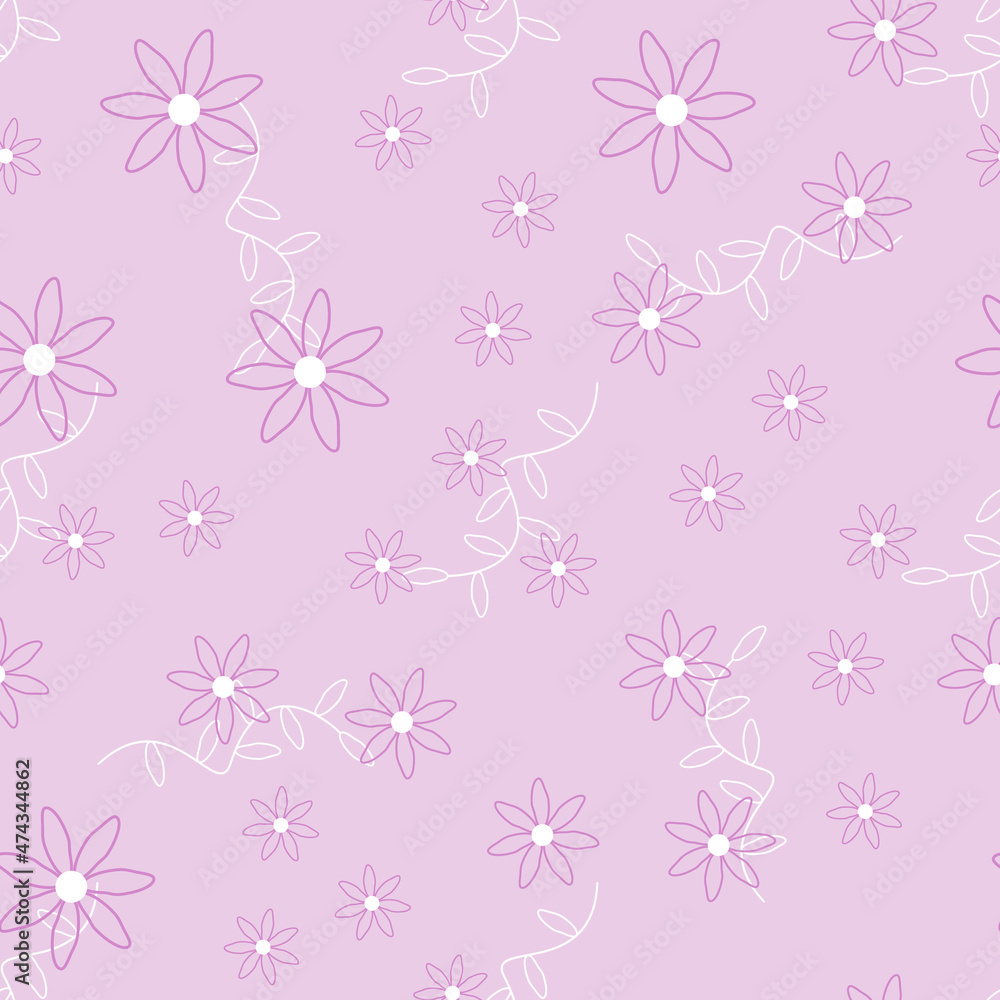 Lilac seamless pattern with leaves. Cute white flower on a purple background. Modern classic floral design for textile and print decoration. Bloom and foliage, trendy print on lilac. Vector Lilac seamless pattern with leaves. Cute white flower on a purple background. Modern classic floral design for textile and print decoration. Bloom and foliage, trendy print on lilac. Vector