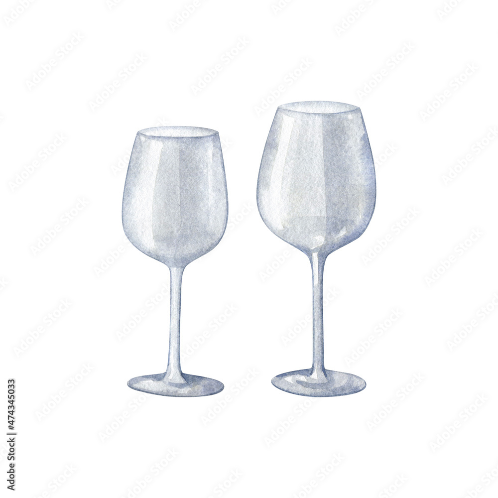 Obraz premium Two empty wineglasses isolated on white. Watercolor illustration. Hand drawn food clipart