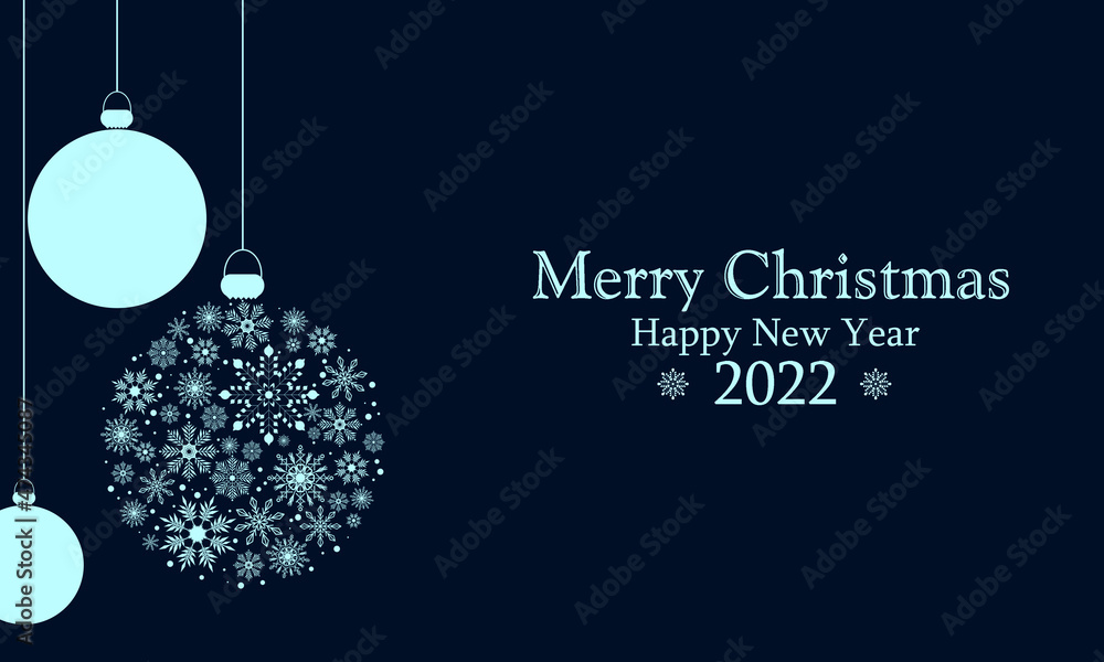Christmas banner with blue snow balls and greeting text. Merry Christmas, Happy New Year 2022. Illustration with copy space.
