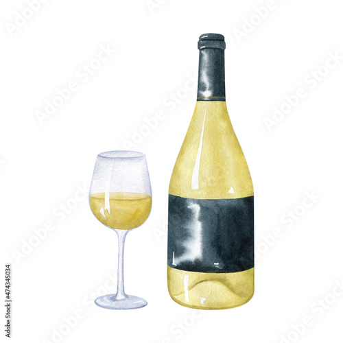 White wine bottle and glass of white wine isolated on white. Watercolor illustration. Hand drawn food clipart.