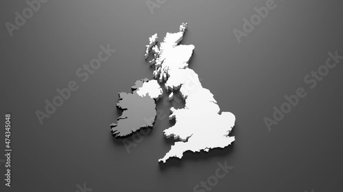 3d rendering o fan United Kingdom map in White color on black background. 4K Animation