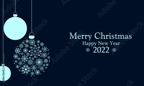Christmas banner with blue snow balls and greeting text. Merry Christmas  Happy New Year 2022. Illustration with copy space.