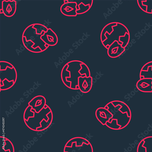 Red line Earth with shield icon isolated seamless pattern on black background. Insurance concept. Security, safety, protection, privacy concept. Vector