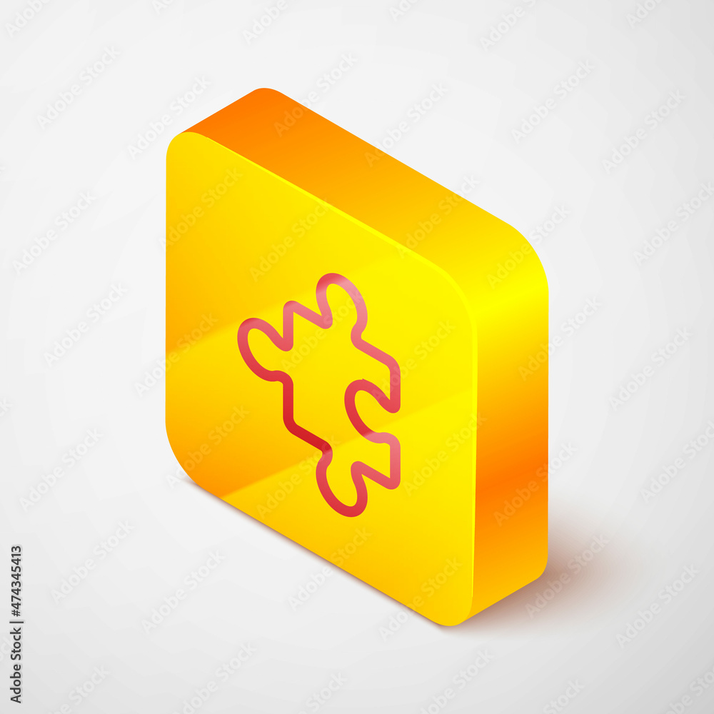 Isometric line Piece of puzzle icon isolated on grey background. Business, marketing, finance, layout, infographics, internet concept. Yellow square button. Vector