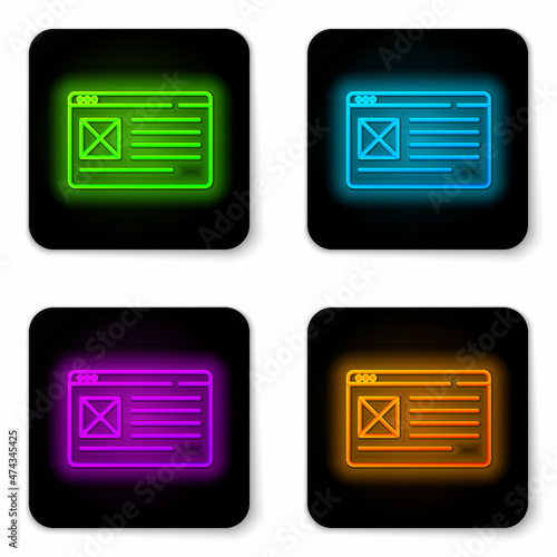 Glowing neon line Browser window icon isolated on white background. Black square button. Vector