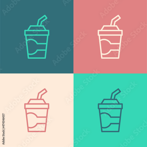 Pop art line Paper glass with drinking straw and water icon isolated on color background. Soda drink glass. Fresh cold beverage symbol. Vector