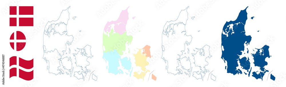 Denmark map. Detailed blue outline and silhouette. Administrative divisions and regions. Country flag. Set of vector maps. All isolated on white background. Template for design and infographics.