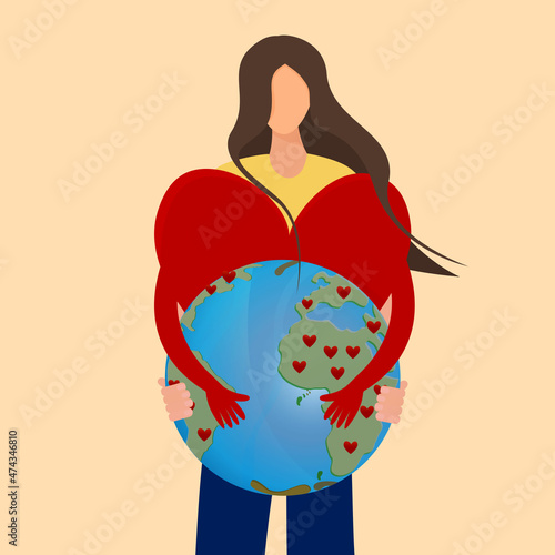 day of hugs and Earth. A woman hugging her heart and holds the Earth in her hands. Vector illustration in a flat style.