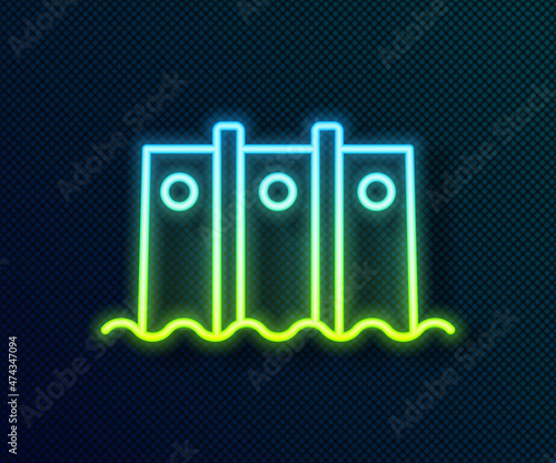 Glowing neon line Hydroelectric dam icon isolated on black background. Water energy plant. Hydropower. Hydroelectricity. Vector