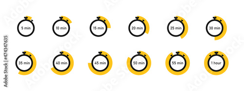 Timer and stopwatch icons set. Measurement of time. Countdown timer with different minutes. Vector illustration