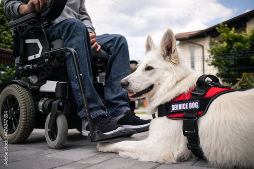 Photography Man with disability with his service dog using electric wheelchair