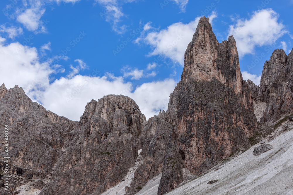 The peaks of the dolomite mountains with characteristic texture and color The peaks of the dolomite mountains with characteristic texture and color