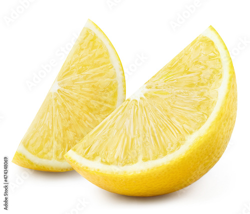 Two juicy lemon slices, isolated on white background