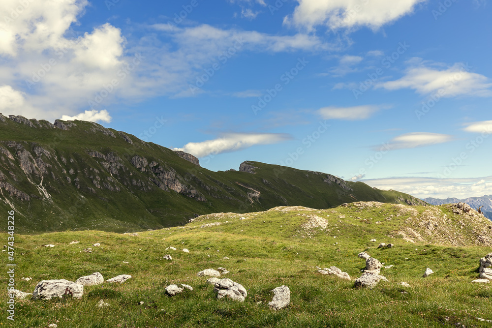 Italian Dolomites. High mountain plateau in summer on a sunny day