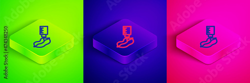 Isometric line Lip augmentation icon isolated on green, blue and pink background. Hyaluronic acid lips injection. Contour plastic. Square button. Vector