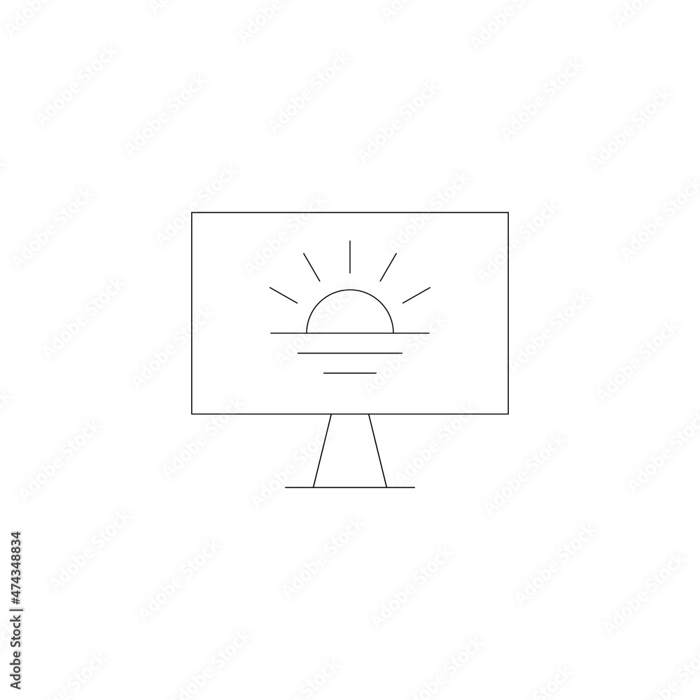 Vector outline symbol suitable for internet pages, sites, stores, shops, social networks. Editable stroke. Line icon of rising sun on sea on monitor of modern computer
