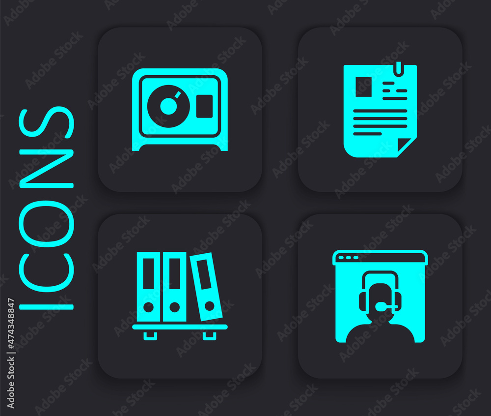 Set Telephone 24 hours support, Safe, Resume and Office folders icon. Black square button. Vector Set Telephone 24 hours support, Safe, Resume and Office folders icon. Black square button. Vector
