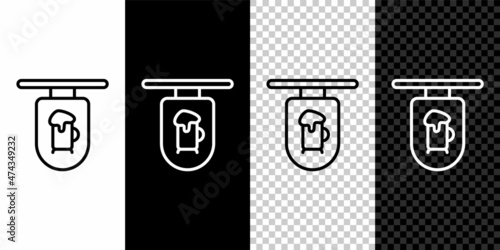 Set line Street signboard with inscription Bar icon isolated on black and white, transparent background. Suitable for advertisements bar, cafe, restaurant. Vector