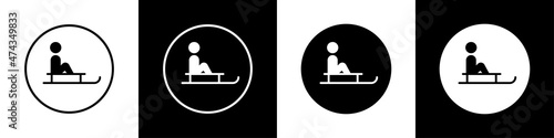 Sled. Set of icons of a child sitting on a sleigh. Winter activities for children. Vector illustration.