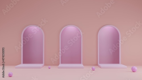 Minimalism abstract geometric mock up podium showcase stage with arch tunnel door backdrop for product promotion advertising presentation display 3D rendering illustration