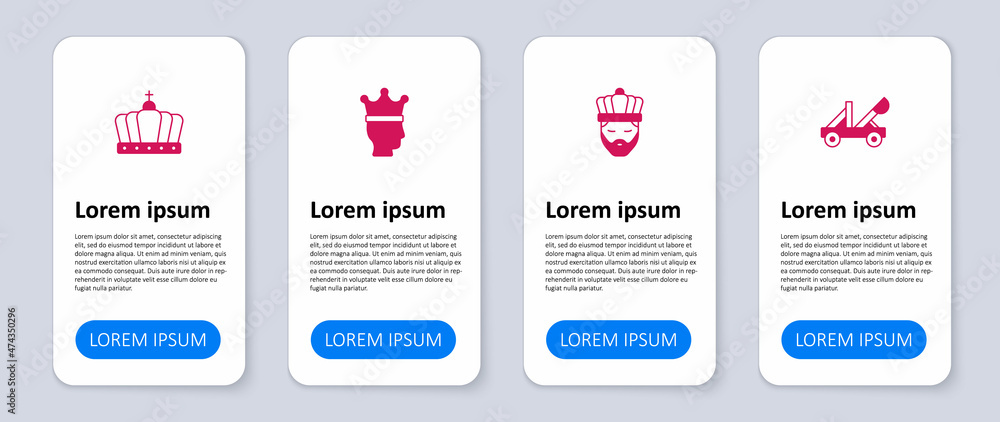 Set Medieval catapult, King with crown, and . Business infographic template. Vector Set Medieval catapult, King with crown, and . Business infographic template. Vector