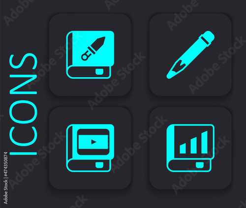 Set Financial book, Book about weapon, Pencil with eraser and cinema icon. Black square button. Vector