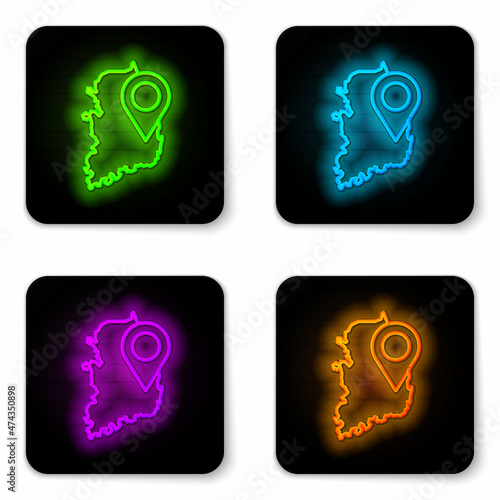 Glowing neon line South Korea map icon isolated on white background. Black square button. Vector