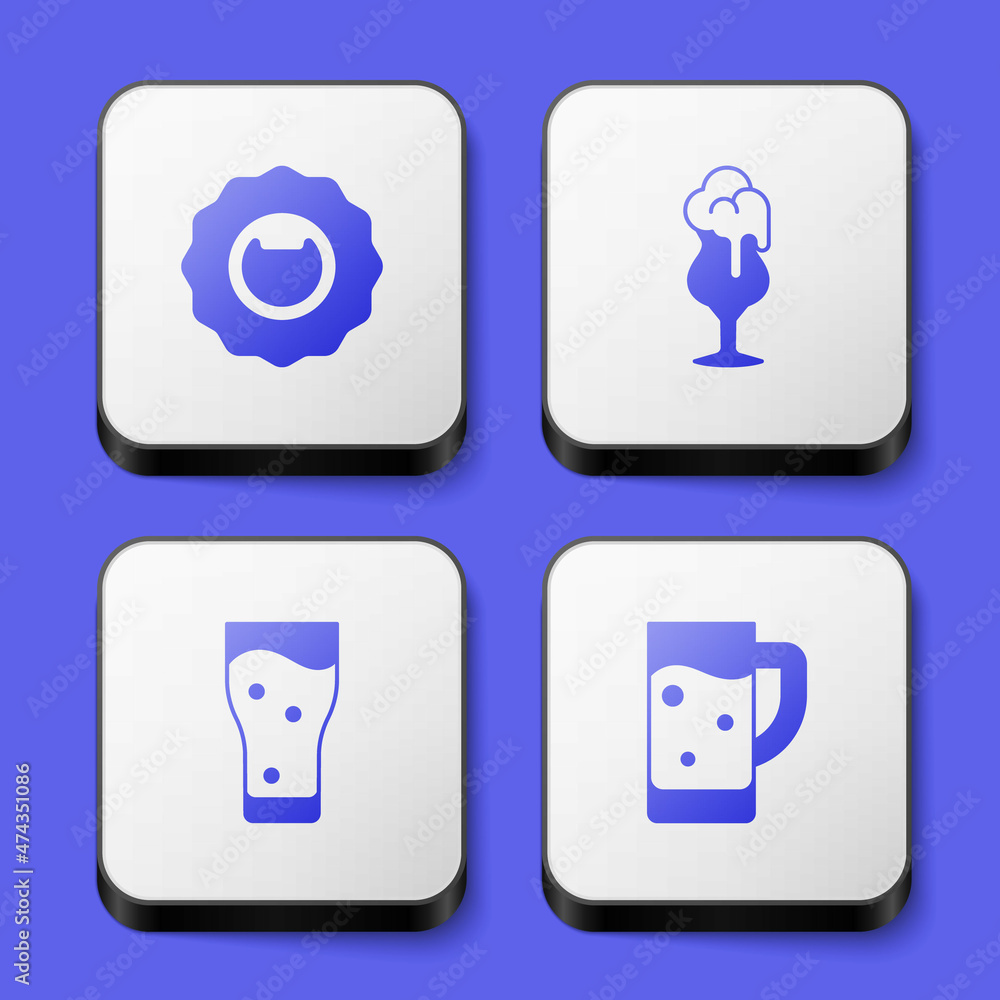 Set Bottle opener, Glass of beer, and icon. White square button. Vector Set Bottle opener, Glass of beer, and icon. White square button. Vector