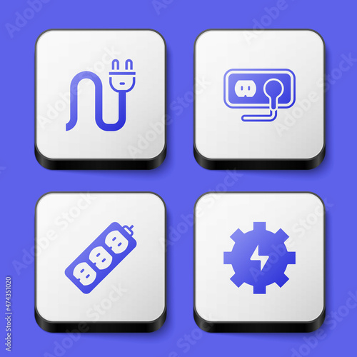 Set Electric plug, Electrical outlet, extension and Gear and lightning icon. White square button. Vector