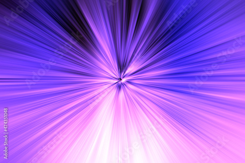 Abstract surface of radial blur zoom in neon lilac, pink and blue tones. Neon bright lilac background with radial, diverging, converging lines. 