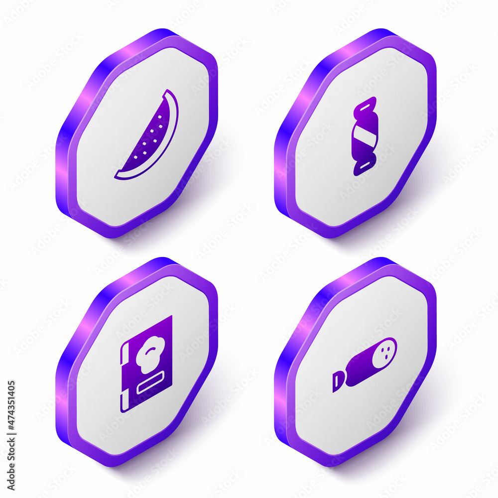 Set Isometric Watermelon, Candy, Cookbook and Salami sausage icon. Purple hexagon button. Vector Set Isometric Watermelon, Candy, Cookbook and Salami sausage icon. Purple hexagon button. Vector