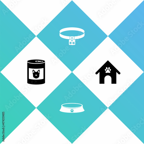 Set Canned food for dog, Pet bowl, Dog collar and house and paw print pet icon. Vector