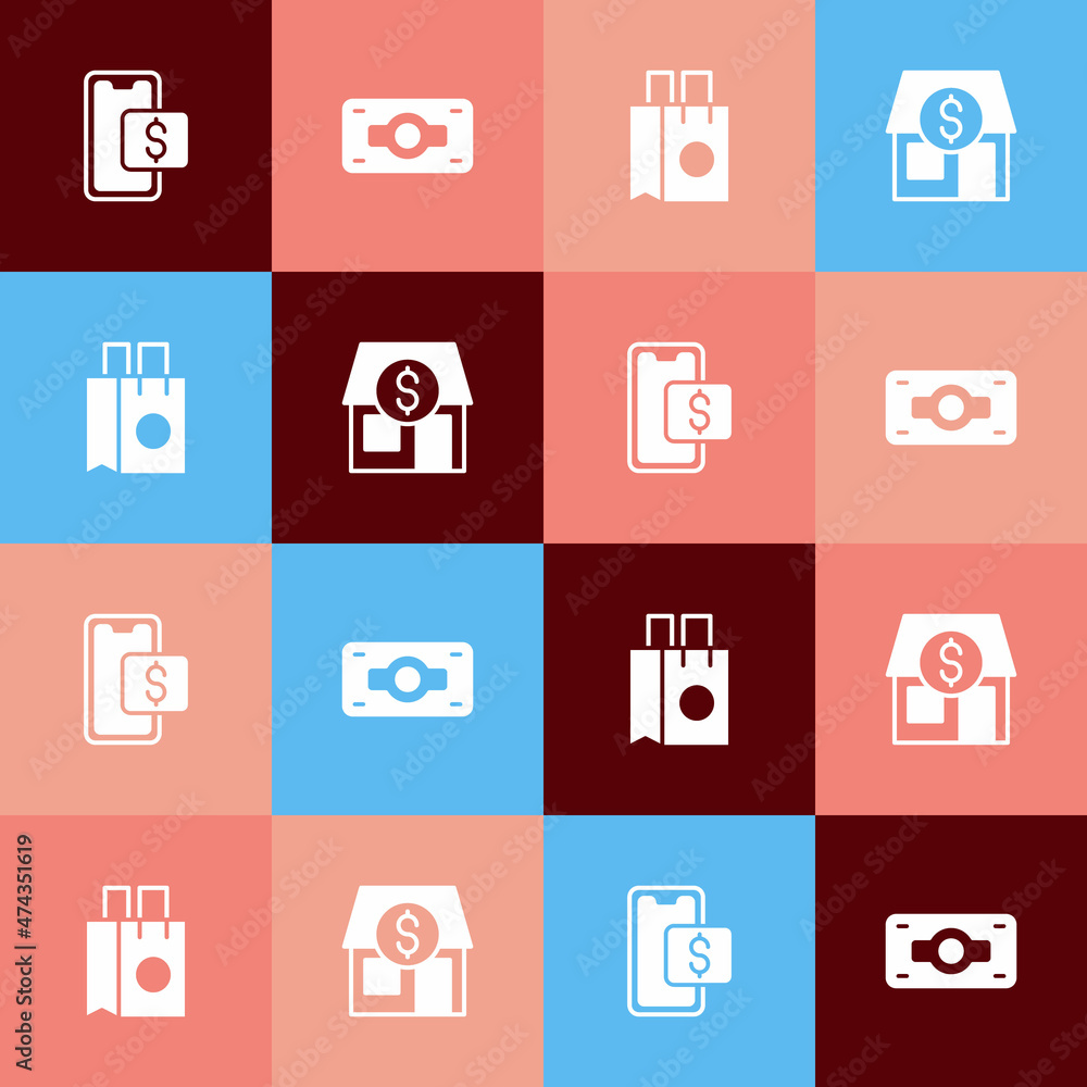 Set pop art Mobile shopping, Stacks paper money cash, Paper bag and Market store icon. Vector Set pop art Mobile shopping, Stacks paper money cash, Paper bag and Market store icon. Vector