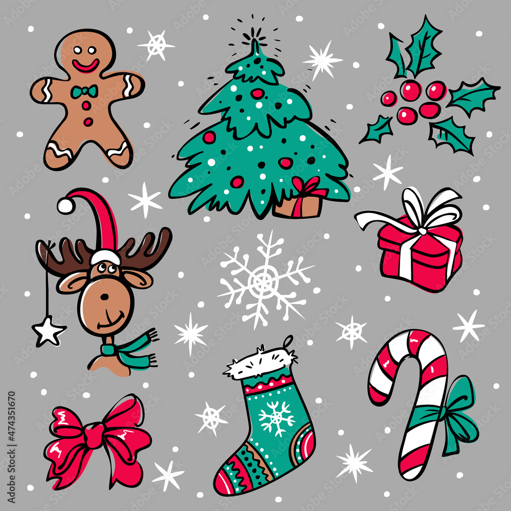 Fototapeta premium Christmas set in flat style isolated on gray background. Includes Christmas tree, holly berries, gift, bow, gingerbread man, sock, snowflake, striped candy, elk. Drawn by hand as a sketch. Vector.