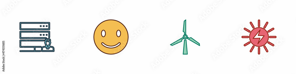 Fototapeta premium Set Customer care server, Smile face, Wind turbine and Solar energy panel icon. Vector