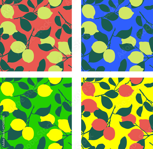 Vector seamless lemon tree print design available in 4 different colors.