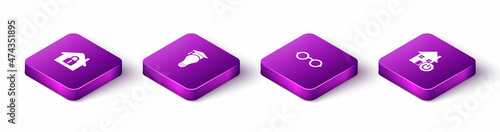 Set Isometric House under protection, Light bulb and graduation cap, Glasses and Smart home icon. Vector
