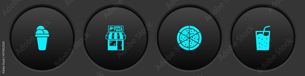 Fototapeta premium Set Ice cream, Pizzeria building facade, Pizza and Glass with water icon. Vector