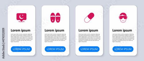 Set Eye sleep mask, Sleeping pill, Slippers and Moon and stars. Business infographic template. Vector