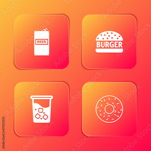 Set Beer can, Burger, Glass with water and Donut icon. Vector