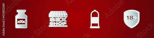 Set Bottle with pills for potency, Sex shop building, Condom safe sex and Shield 18 plus icon. Vector