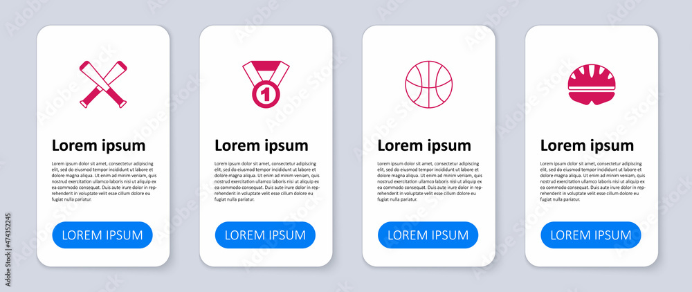 Set Bicycle helmet, Basketball ball, Medal and Crossed baseball bat. Business infographic template. Vector Set Bicycle helmet, Basketball ball, Medal and Crossed baseball bat. Business infographic template. Vector