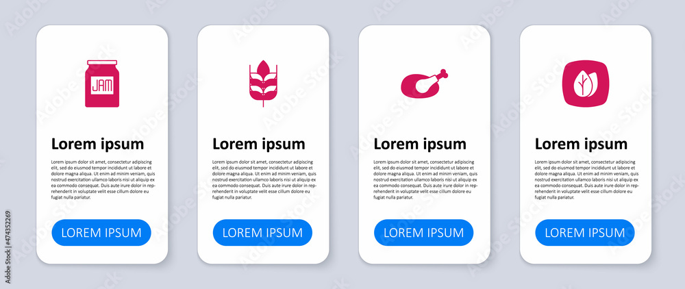 Obraz premium Set Leaf, Roasted turkey or chicken, Wheat and Jam jar. Business infographic template. Vector