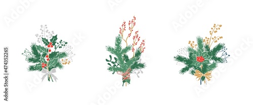 set of Natural forest bouquets for Christmas decoration. Floral arrangements. Evergreens, conifers, berries, leaves, thorns, cones. Vector illustration.