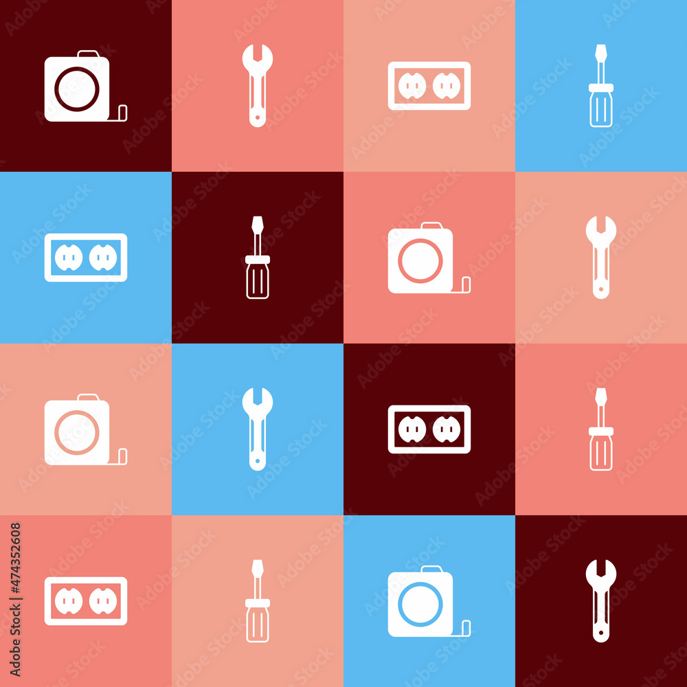 Set pop art Roulette construction, Wrench spanner, Electrical outlet and Screwdriver icon. Vector Set pop art Roulette construction, Wrench spanner, Electrical outlet and Screwdriver icon. Vector