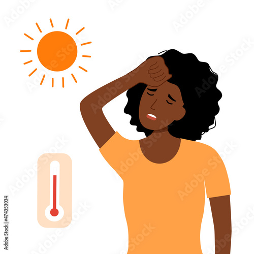African woman suffering from heat and sweaty dehydration with thermometer and strong sunlight in flat design. Hot climate in summer.