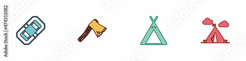 Set Rafting boat, Old wooden axe, Tourist tent and with flag icon. Vector