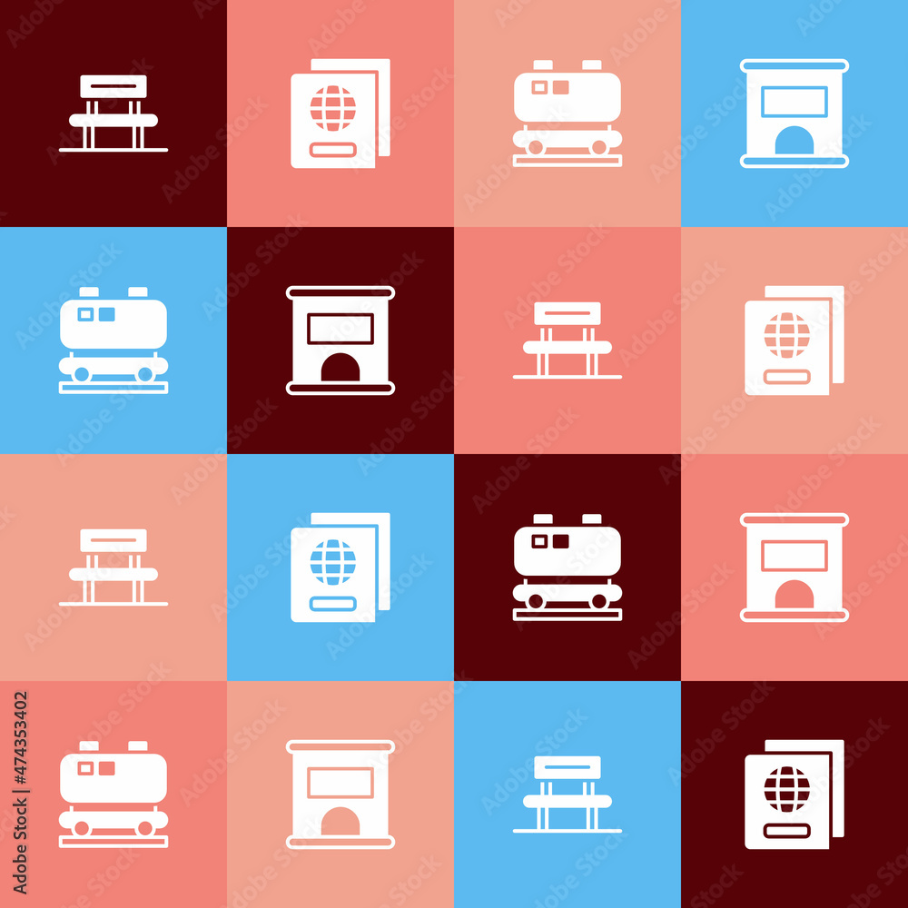 Set pop art Waiting hall, Passport, Oil railway cistern and Ticket office to buy tickets icon. Vector Set pop art Waiting hall, Passport, Oil railway cistern and Ticket office to buy tickets icon. Vector