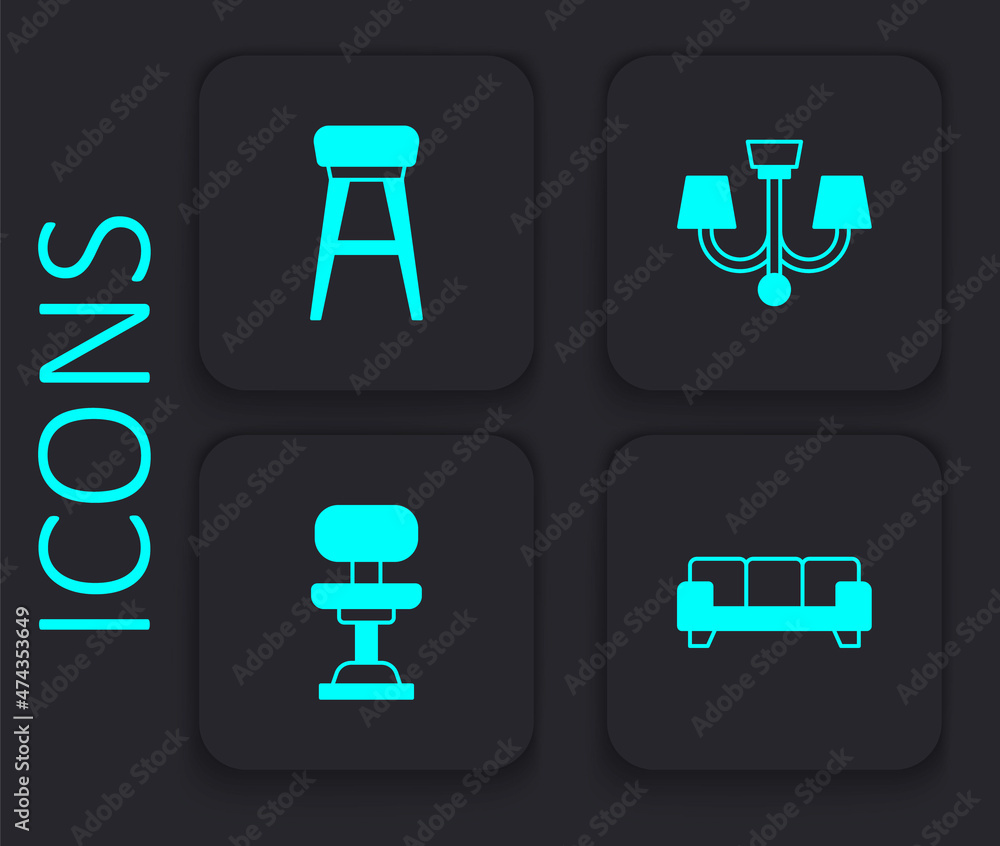 Set Sofa, Chair, Chandelier and Office chair icon. Black square button. Vector Set Sofa, Chair, Chandelier and Office chair icon. Black square button. Vector